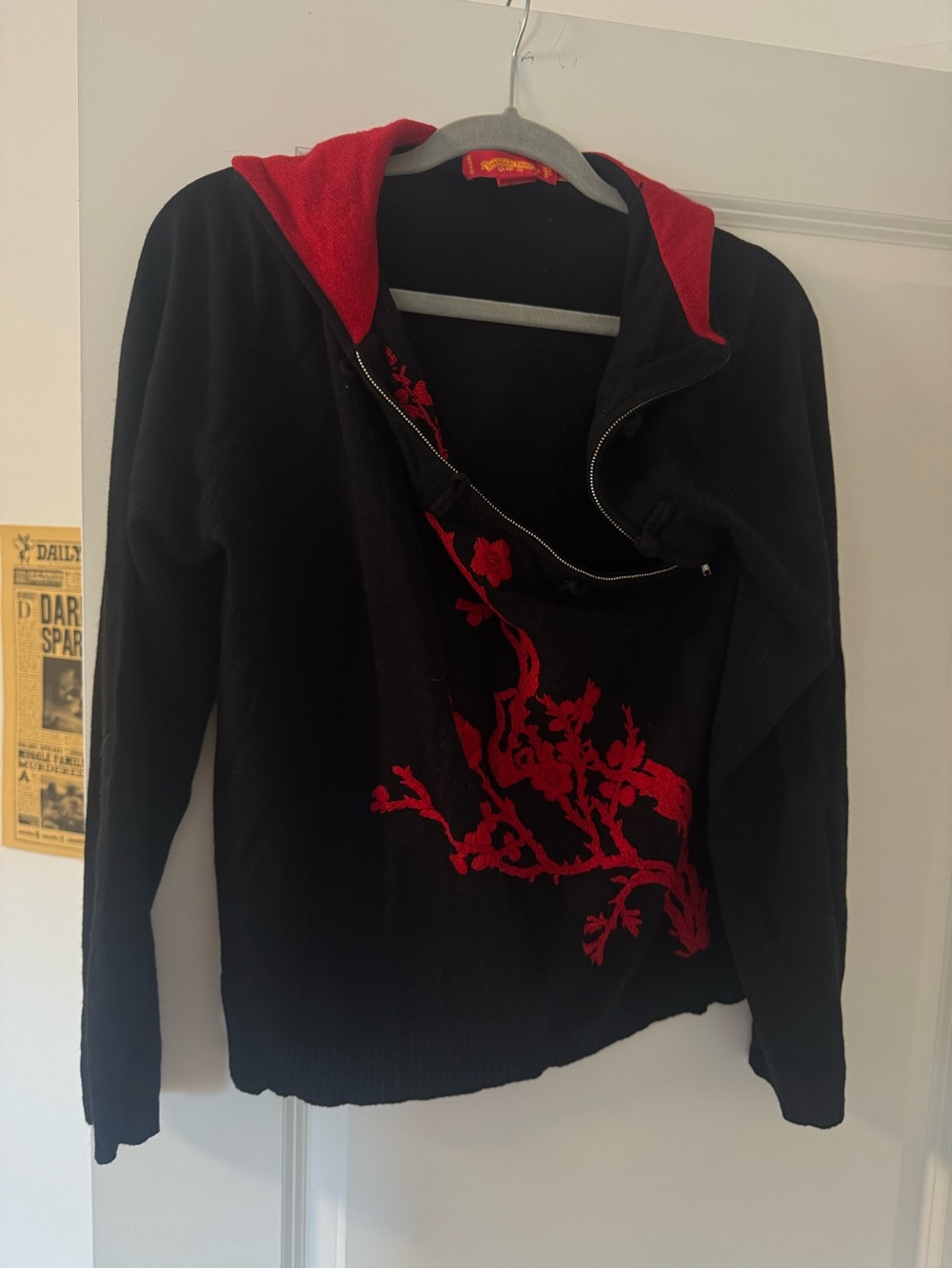 Shanghai Tang Black Sweater with Red Floral Hood and Zip Detail